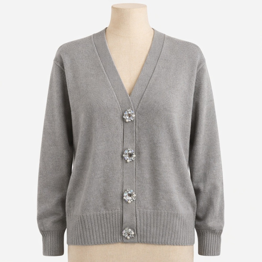 Korean Luxury‎ 100% Wool Jewel Button Cardigan Size M Gray Artsy Crystal Preppy